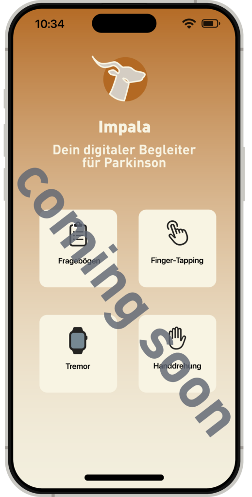 Homescreen der App Impala mit vier Kacheln für die Funktionswahl, als Overlay liegt das Wort "Coming soon" über der App